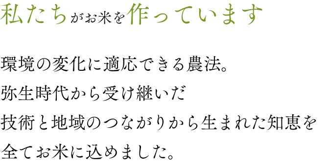 私たちがお米を作っています 環境の変化に適応できる農法。 弥生時代から受け継いだ 技術と地域のつながりから生まれた知恵を 全てお米に込めました。 